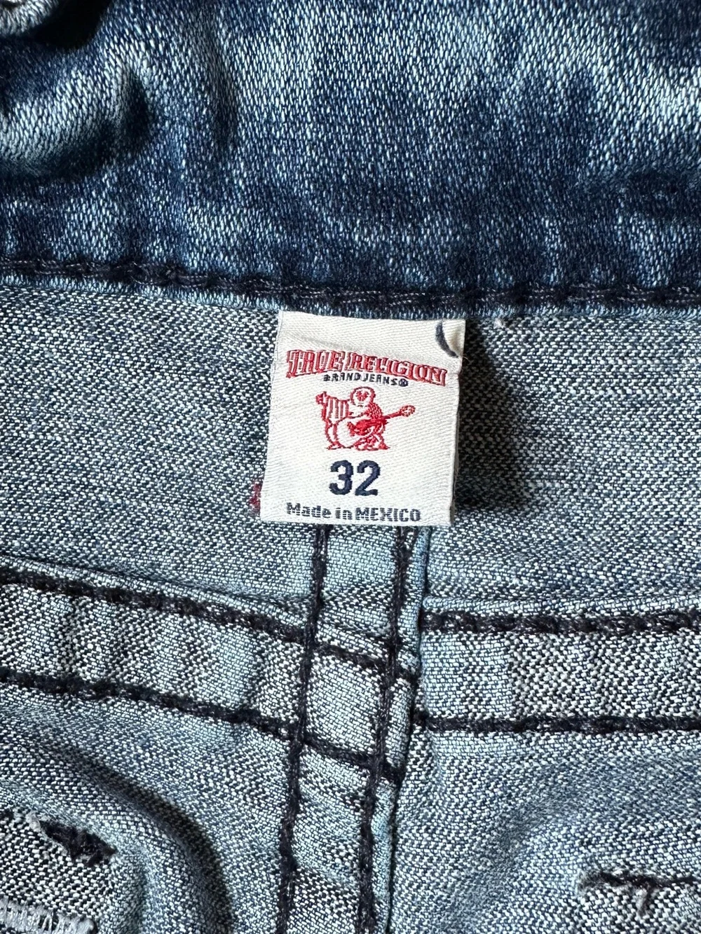 True Religion Men’s Skinny Jeans in Medium Blue Wash with Brown Leather Patch